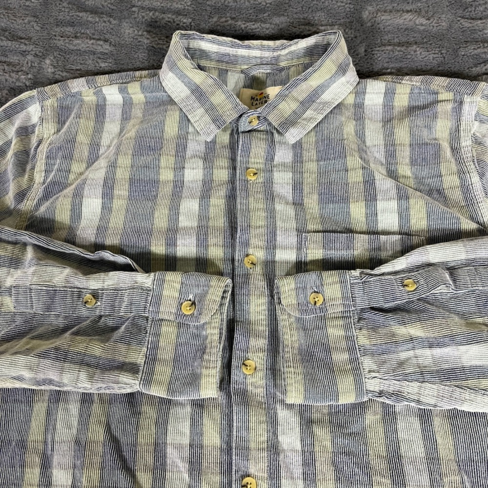 Marine Layer Mens Large Blue Yellow Striped Cotton Button Up Shirt Fall 2024